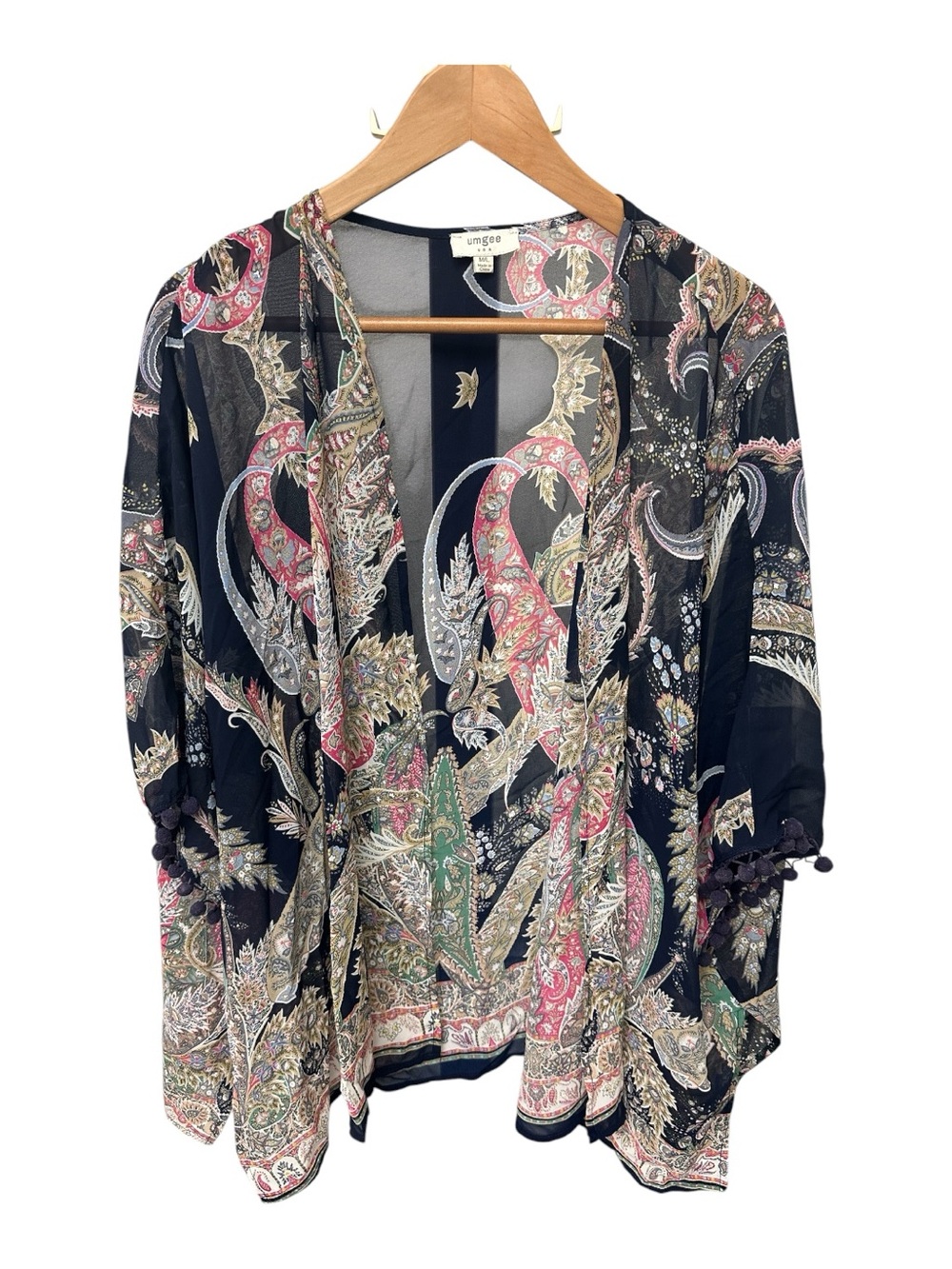 Umgee Kimono Size M/L Open Front Floral Paisley Poms Sheer